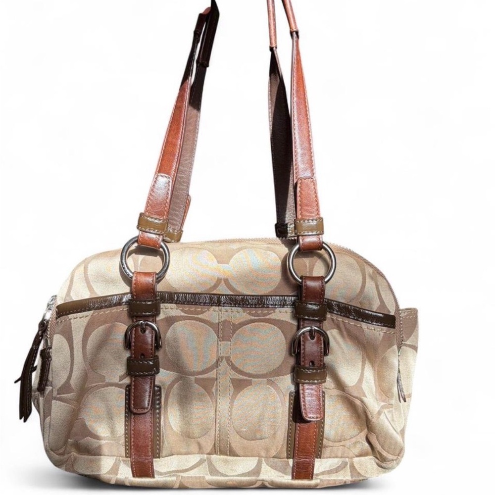 Vintage Double Zip Bonnie Satchel Tan Signature Jacquard/ Brown Leather 12680